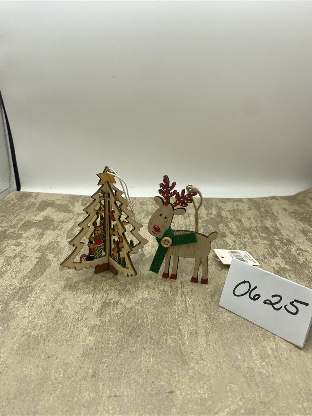Lot Of 2 Wood Christmas Ornaments Carved Tree & Reindeer Approx 4” Tall